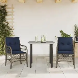vidaXL Bistro Set with Cushions Outdoor Furniture 3 Piece Gray Poly Rattan