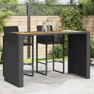 vidaXL Patio Bar Table with Acacia Wood Top Outdoor Furniture Black Poly Rattan