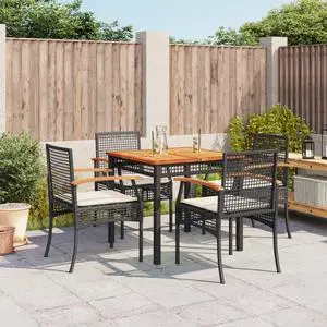 vidaXL Patio Dining Set with Cushions Furniture 5 Piece Black Poly Rattan