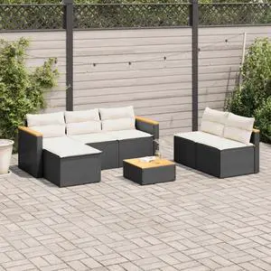 vidaXL Patio Sofa Set with Cushions Furniture 5 Piece Black Poly Rattan Acacia