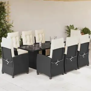 vidaXL Patio Dining Set with Cushions Garden Furniture 9 Piece Black Poly Rattan