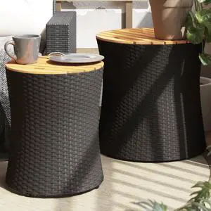 vidaXL Patio Side Tables with Wooden Top Outdoor Garden 2 Pcs Black Poly Rattan