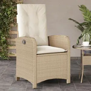 vidaXL Reclining Patio Chair with Cushions Outdoor Furniture Beige Poly Rattan