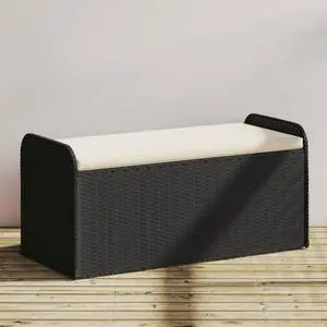 vidaXL Storage Bench with Cushion Outdoor Garden Furniture Black Poly Rattan