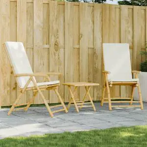 vidaXL Folding Bistro Set with Cream White Cushions Armchairs 3 Piece Bamboo