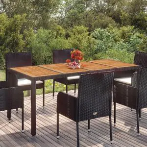 vidaXL Table Outdoor Patio Wicker Side Table with Wooden Top Black Poly Rattan