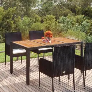 vidaXL Table Outdoor Patio Wicker Side Table with Wooden Top Black Poly Rattan