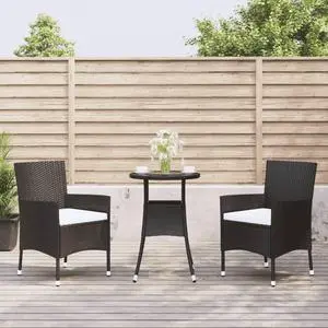 vidaXL Patio Bistro Set with Cushions Furniture 3 Piece Black Poly Rattan