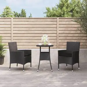 vidaXL Patio Bistro Set with Cushions Furniture 3 Piece Black Poly Rattan