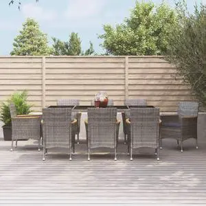 vidaXL Patio Dining Set with Cushions Outdoor Furniture 9 Piece Gray Poly Rattan