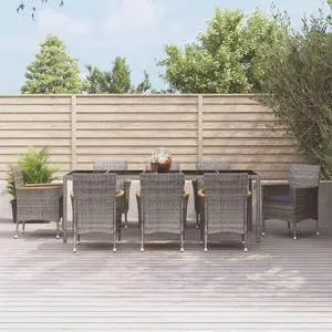 vidaXL Patio Dining Set with Cushions Outdoor Furniture 9 Piece Gray Poly Rattan