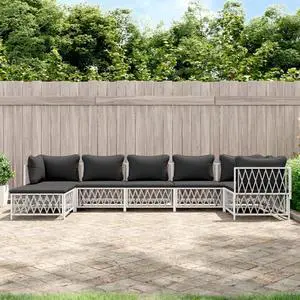 vidaXL Patio Furniture Set 7 Piece Sectional Sofa with Cushions White Steel
