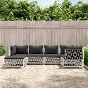 vidaXL Patio Furniture Set 6 Piece Sectional Sofa with Cushions White Steel