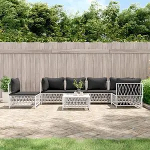 vidaXL Patio Furniture Set 7 Piece Sectional Sofa with Cushions White Steel
