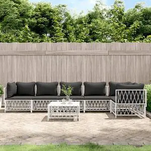vidaXL Patio Furniture Set 7 Piece Sectional Sofa with Cushions White Steel