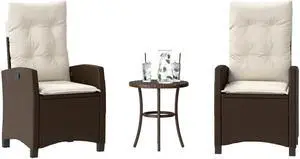 vidaXL Bistro Set with Cushions Outdoor Furniture 3 Piece Brown Poly Rattan