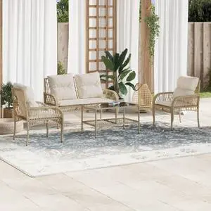 vidaXL Patio Sofa Set with Cushions Outdoor Furniture 4 Piece Beige Poly Rattan