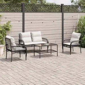 vidaXL Patio Sofa Set with Cushions Outdoor Furniture 4 Piece Black Poly Rattan