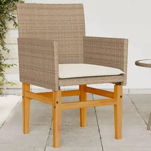 vidaXL Patio Chairs with Cushions Outdoor 2 Pcs Beige Poly Rattan&Solid Wood