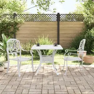 vidaXL Bistro Set Table and Chair Patio Furniture 3 Piece White Cast Aluminum