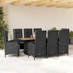 vidaXL Patio Dining Set with Cushions Garden Furniture 9 Piece Black Poly Rattan
