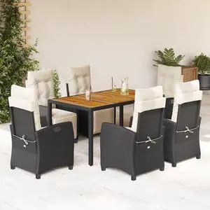 vidaXL Patio Dining Set with Cushions Garden Furniture 7 Piece Black Poly Rattan