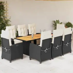vidaXL Patio Dining Set with Cushions Garden Furniture 9 Piece Black Poly Rattan