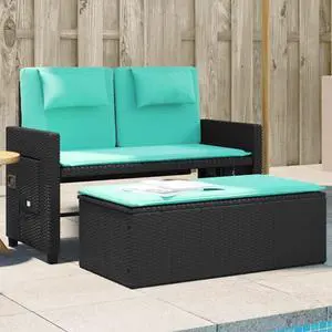 vidaXL Reclining Patio Bench with Cushions Outdoor Furniture Black Poly Rattan