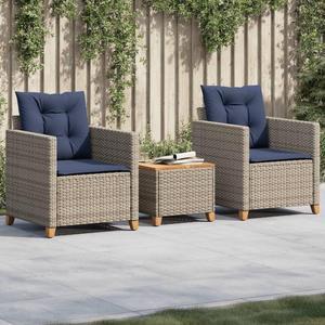 vidaXL Bistro Set with Cushions Outdoor 3 Piece Gray Poly Rattan Acacia Wood