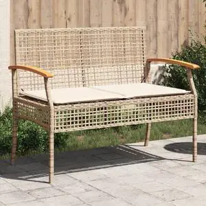 vidaXL Patio Bench with Cushion Outdoor Loveseat Beige Poly Rattan Acacia Wood