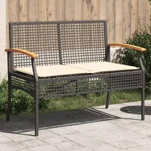 vidaXL Patio Bench with Cushion Outdoor Loveseat Black Poly Rattan Acacia Wood