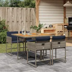 vidaXL Patio Dining Set with Cushions Table and Chairs 5 Piece Gray Poly Rattan