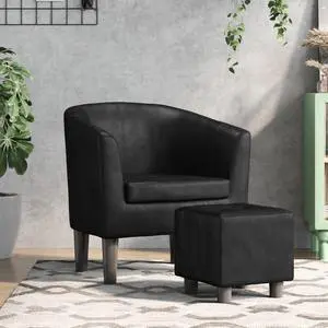 vidaXL Tub Chair with Footstool Accent Barrel Armchair Black Faux Leather