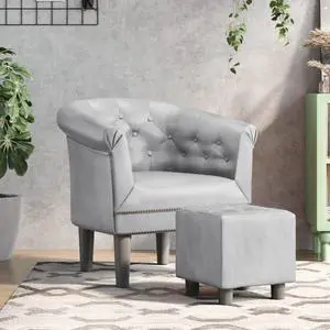 vidaXL Tub Chair with Footstool Accent Barrel Armchair Silver Faux Leather