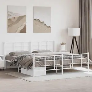vidaXL Metal Bed Frame with Headboard&Footboard Furniture White 76"x79.9" King