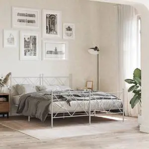 vidaXL Metal Bed Frame with Headboard and Footboard Furniture White 59.1"x78.7"
