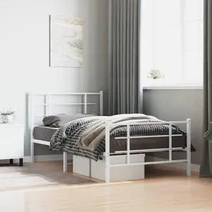 vidaXL Metal Bed Frame with Headboard and Footboard Furniture White 39.4"x78.7"