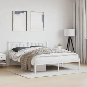 vidaXL Metal Bed Frame with Headboard Bedroom Furniture White 59.1"x78.7"