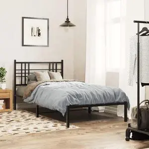 vidaXL Metal Bed Frame with Headboard Bedroom Furniture Black 39.4"x78.7"