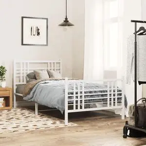 vidaXL Metal Bed Frame with Headboard and Footboard Furniture White 39.4"x78.7"