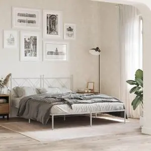 vidaXL Metal Bed Frame with Headboard Bedroom Furniture White 59.1"x78.7"