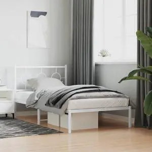 vidaXL Metal Bed Frame with Headboard Platform Furniture White 39.4"x78.7"