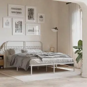 vidaXL Metal Bed Frame with Headboard Bedroom Furniture White 59.1"x78.7"