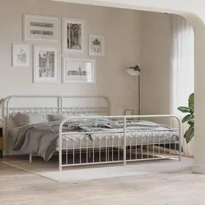 vidaXL Metal Bed Frame with Headboard and Footboard Base White 76"x79.9" King