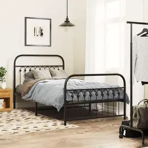 vidaXL Metal Bed Frame with Headboard and Footboard Base Black 39.4"x78.7"
