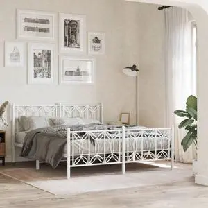 vidaXL Metal Bed Frame with Headboard and Footboard Furniture White 59.1"x78.7"
