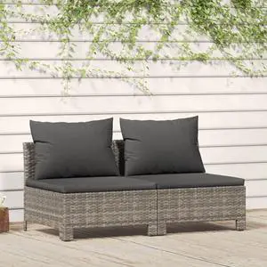 vidaXL 2-Seater Patio Sofa with Cushions Gray Poly Rattan Garden Outdoor Chair