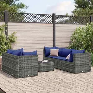 vidaXL Patio Lounge Set with Cushions Sectional Sofa 6 Piece Gray Poly Rattan