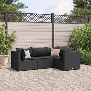 vidaXL Patio Lounge Set with Cushions Sectional Sofa 4 Piece Black Poly Rattan