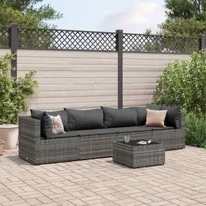 vidaXL Patio Lounge Set with Cushions Sectional Sofa 5 Piece Gray Poly Rattan